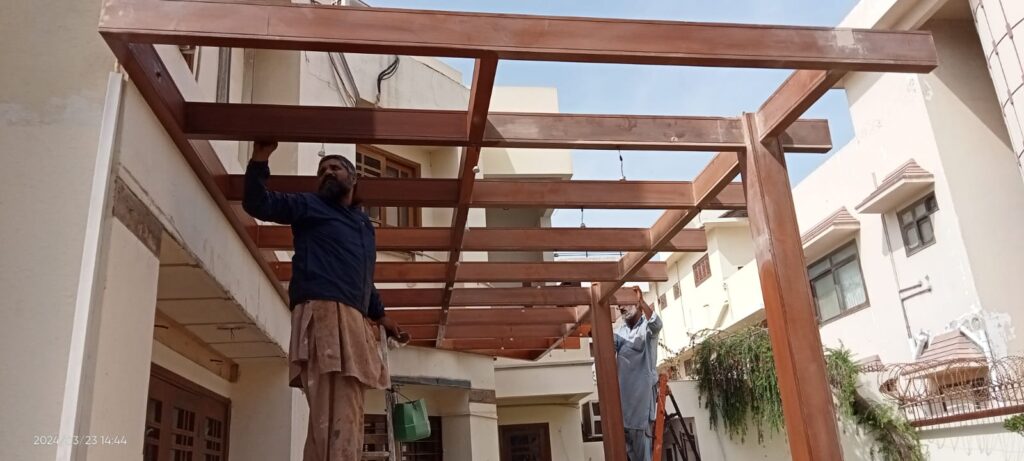 Pergola Polishing Work on Site- Etminaan Services Outdoor Products   