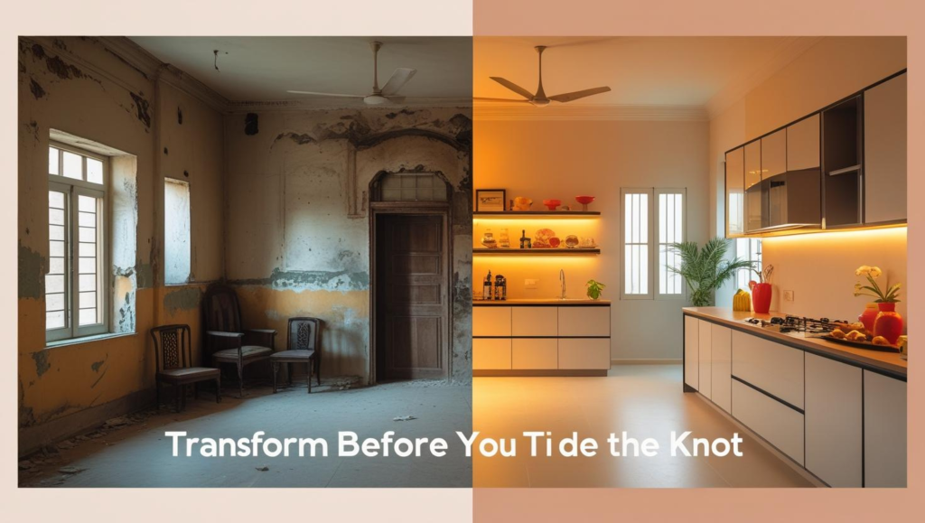 A split-view of a Karachi home showing one half in old, worn condition and the other half fully renovated with modern interiors, soft lighting, and fresh decor. Overlay text reads: "Transform Before You Tie the Knot".