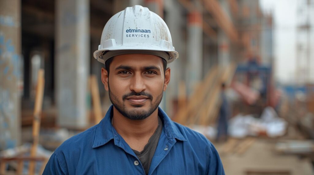 A Pakistani masonry worker on a construction site wearing a safety helmet labeled Etminaan Services and a blue uniform, working on building construction.