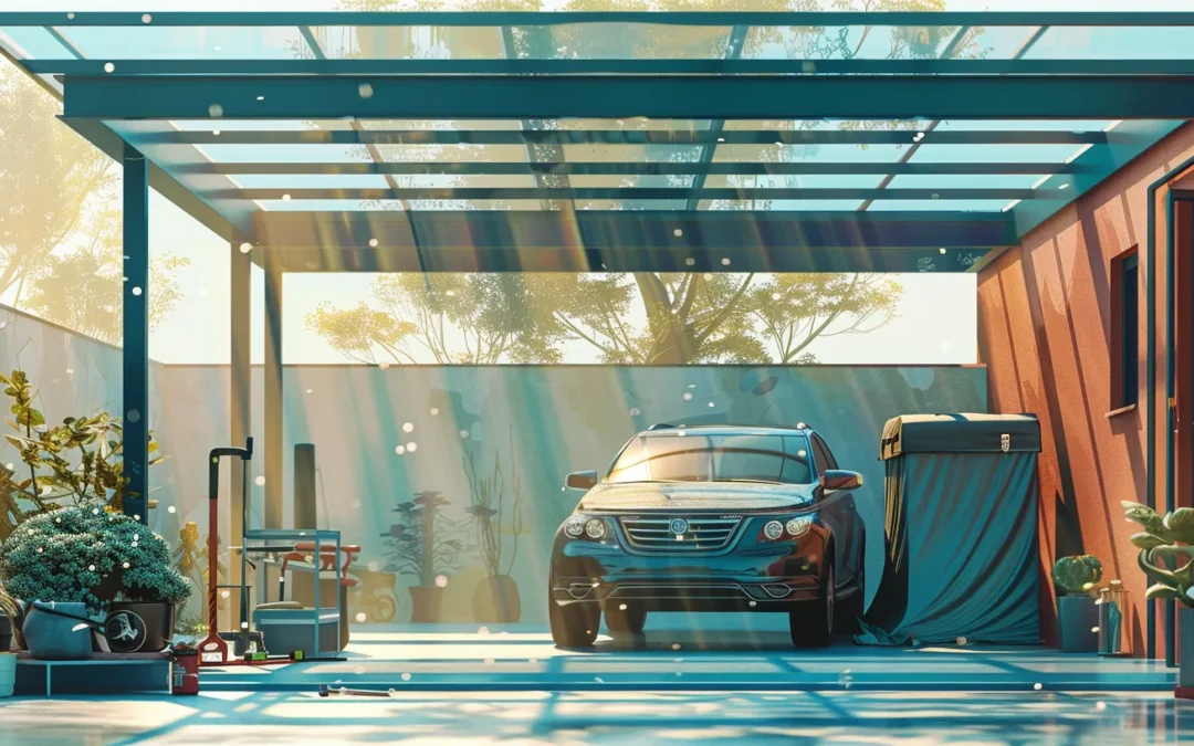 Car safely parked under polycarbonate parking shade at home garage showing protection from UV rays, sunlight and rain