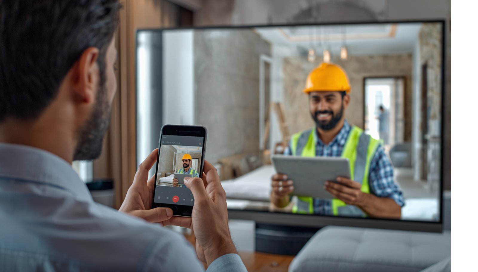 Managing Home Renovation Projects from Abroad Overseas Pakistani managing a home renovation project in Karachi through a video call with a professional renovation manager.