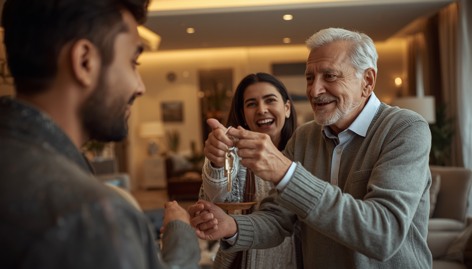 Son gifting house keys to elderly parents in a newly renovated home as a surprise gift.